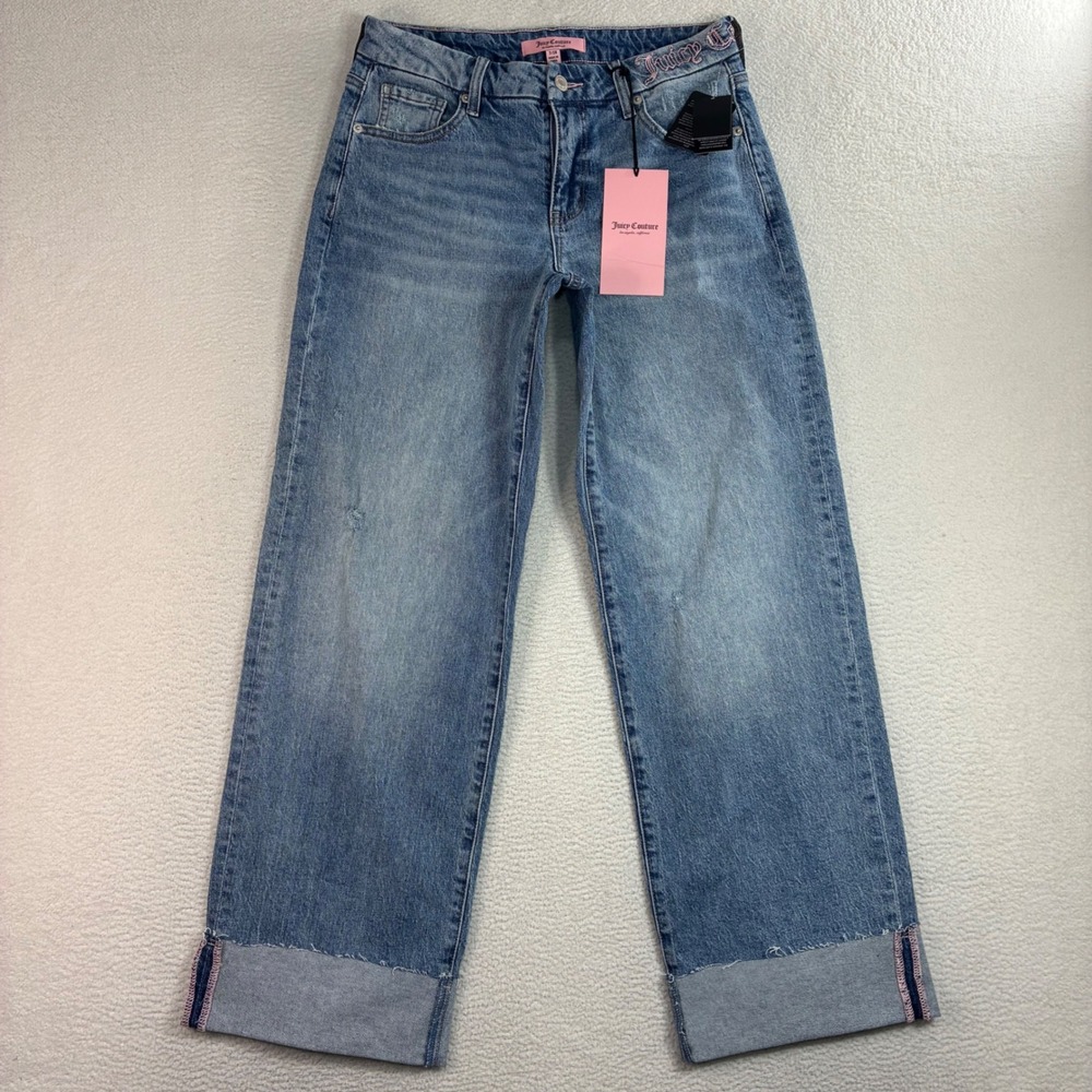 Juicy Couture Wide Leg Jeans Women 7x28 Blue Faded Cuffed Distressed Denim NWT